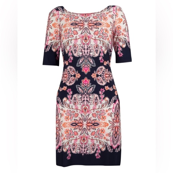Eliza J | Multicolor Paisley & Floral Print Shift Midi Dress | Pink‎ Navy | 10 - Picture 3 of 12